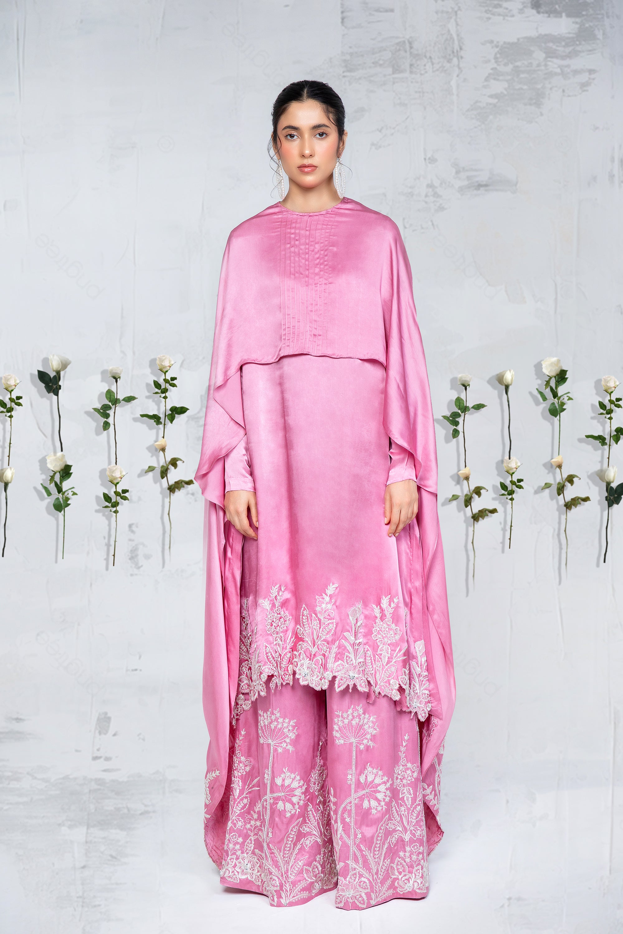 Pakistani Carnation Pink Embroidered Silk Chamois Kaftan (2-Piece) - Image 3