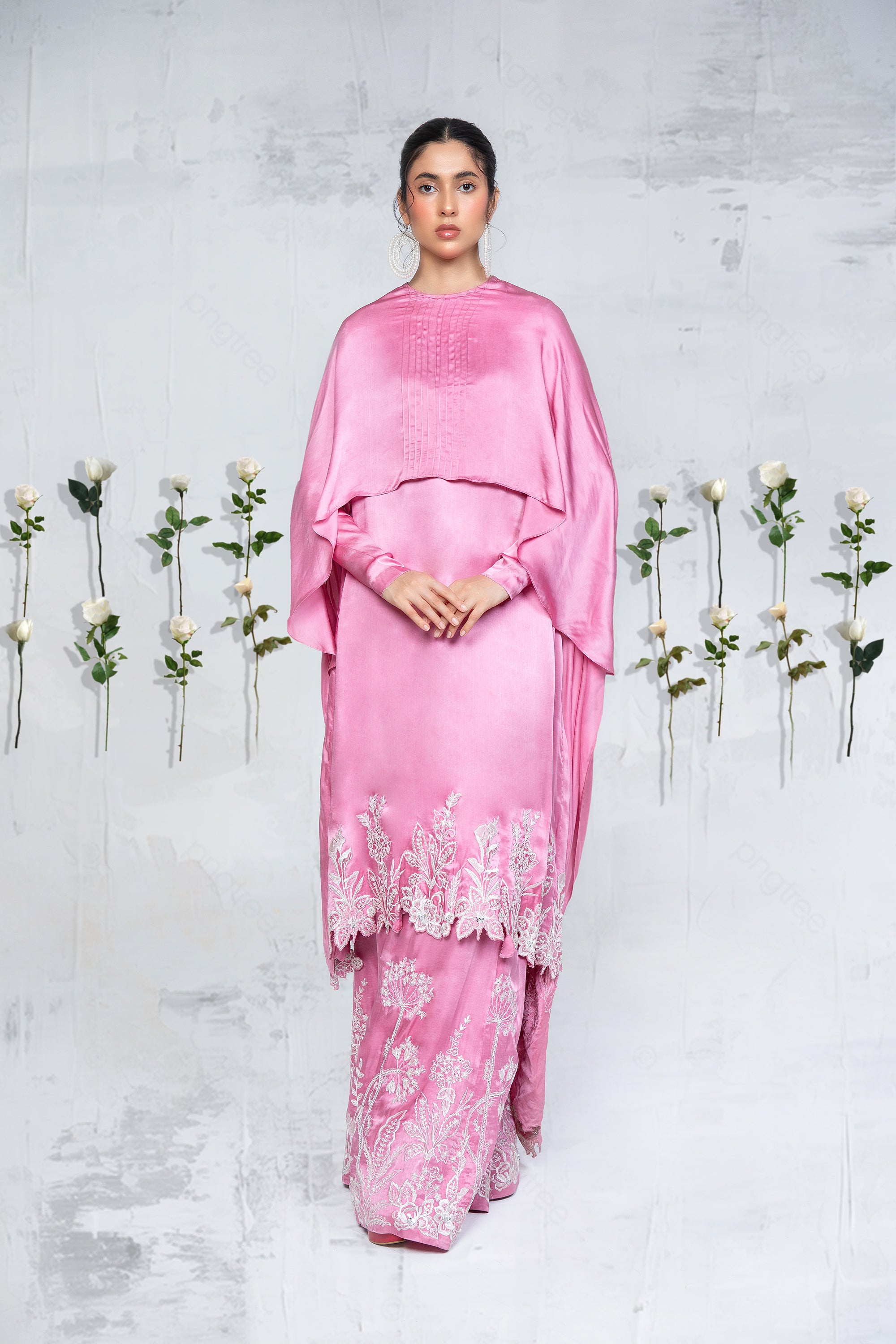 Pakistani Carnation Pink Embroidered Silk Chamois Kaftan (2-Piece) - Image 4