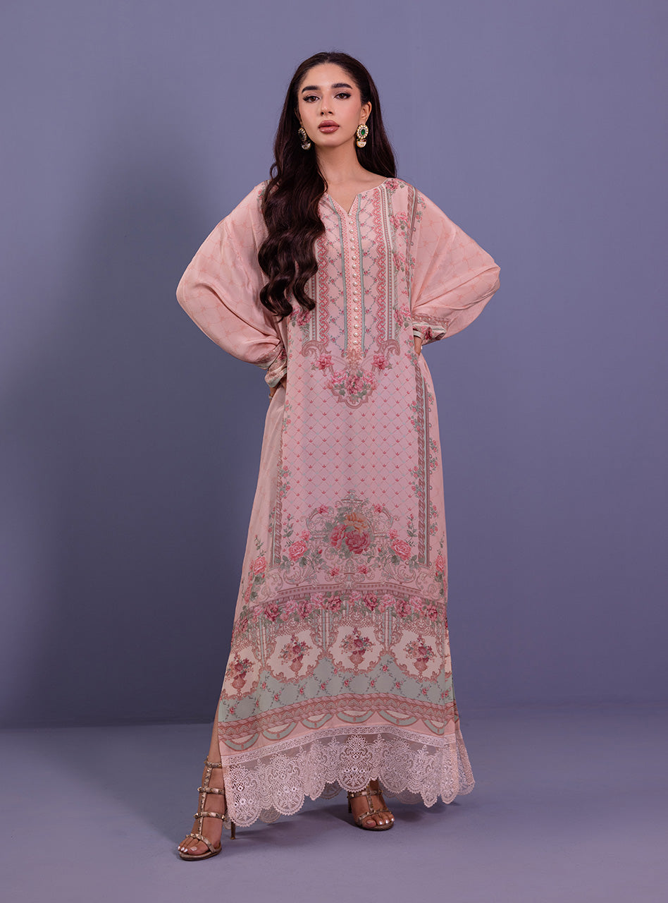 Pakistani Blush Pink Embroidered Silk Kaftan (1-Pc) - Image 1