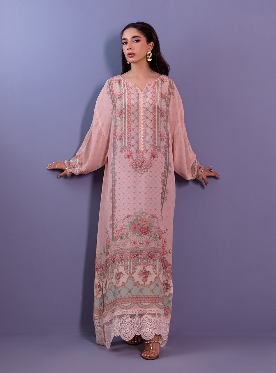 Pakistani Blush Pink Embroidered Silk Kaftan (1-Pc) - Image 2