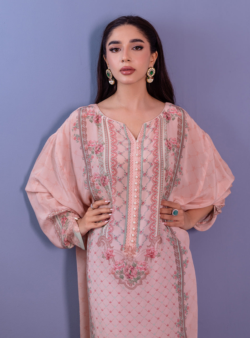 Pakistani Blush Pink Embroidered Silk Kaftan (1-Pc) - Image 3