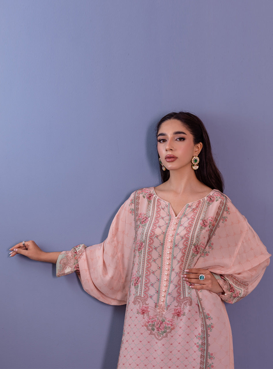 Pakistani Blush Pink Embroidered Silk Kaftan (1-Pc) - Image 4