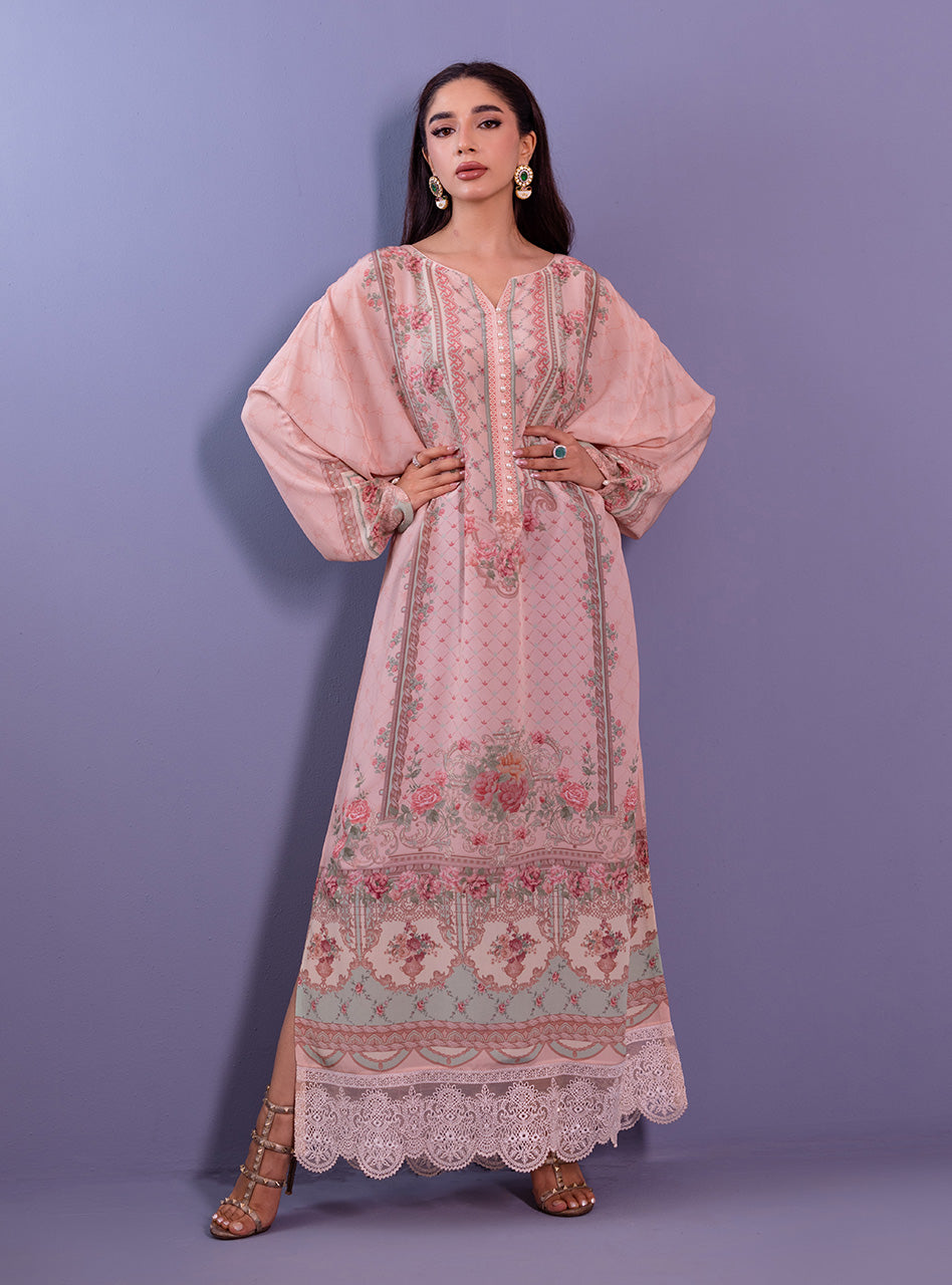 Pakistani Blush Pink Embroidered Silk Kaftan (1-Pc) - Image 5