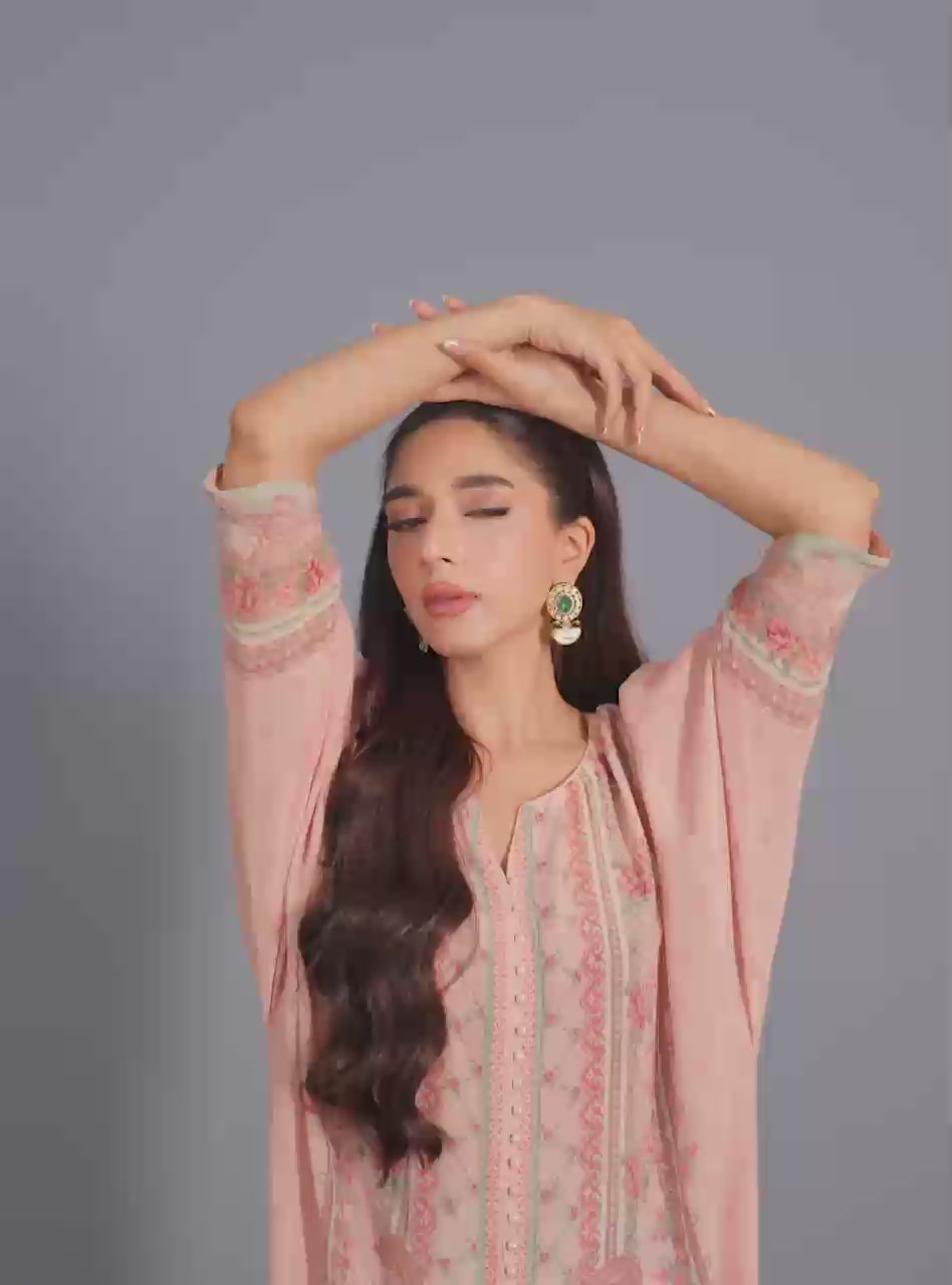 Pakistani Blush Pink Embroidered Silk Kaftan (1-Pc) - Image 6
