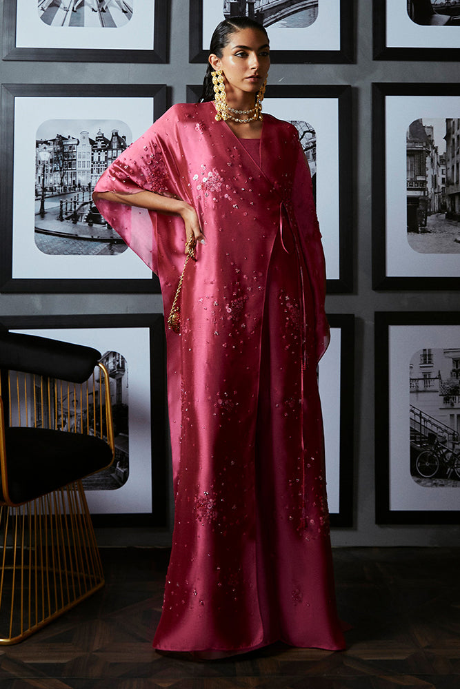 Pakistani French Pink Embellished Tissue Silk Kaftan (3-Piece) - Image 1