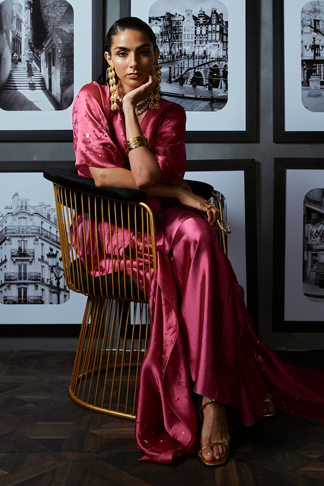 Pakistani French Pink Embellished Tissue Silk Kaftan (3-Piece) - Image 6