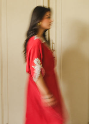 Pakistani Coral Pink Embellished Velvet Kaftan (1-Pc) - Image 10