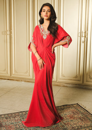 Pakistani Coral Pink Embellished Velvet Kaftan (1-Pc) - Image 12