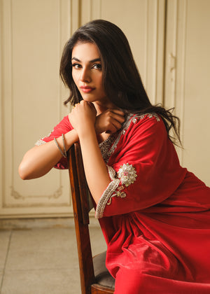 Pakistani Coral Pink Embellished Velvet Kaftan (1-Pc) - Image 3