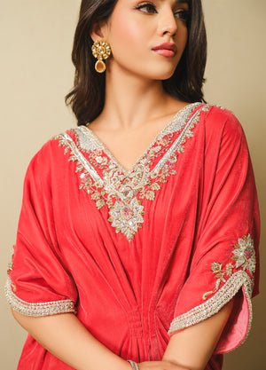 Pakistani Coral Pink Embellished Velvet Kaftan (1-Pc) - Image 4