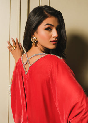 Pakistani Coral Pink Embellished Velvet Kaftan (1-Pc) - Image 6