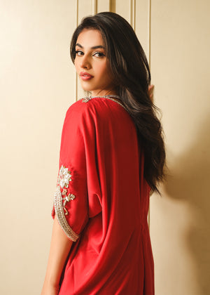 Pakistani Coral Pink Embellished Velvet Kaftan (1-Pc) - Image 7