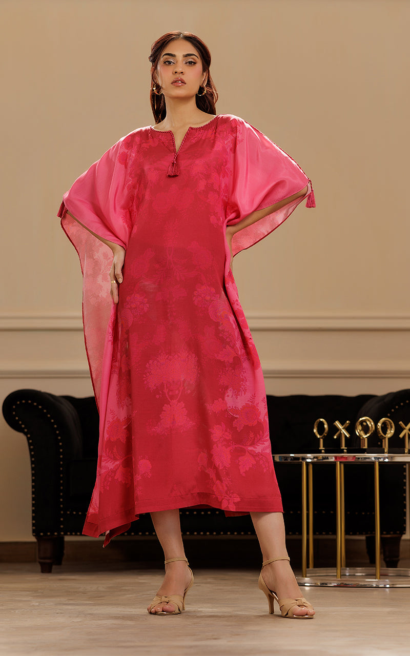 Pakistani Fuchsia Printed Viscose Silk Kaftan (1-Pc) - Image 1