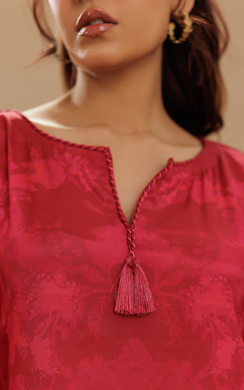 Pakistani Fuchsia Printed Viscose Silk Kaftan (1-Pc) - Image 2