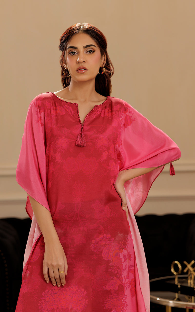 Pakistani Fuchsia Printed Viscose Silk Kaftan (1-Pc) - Image 4