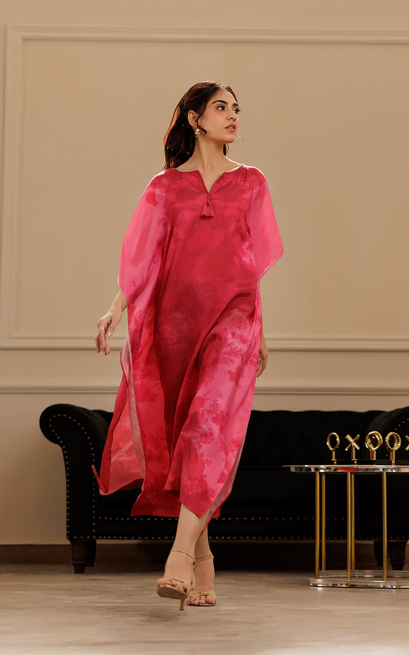 Pakistani Fuchsia Printed Viscose Silk Kaftan (1-Pc) - Image 6
