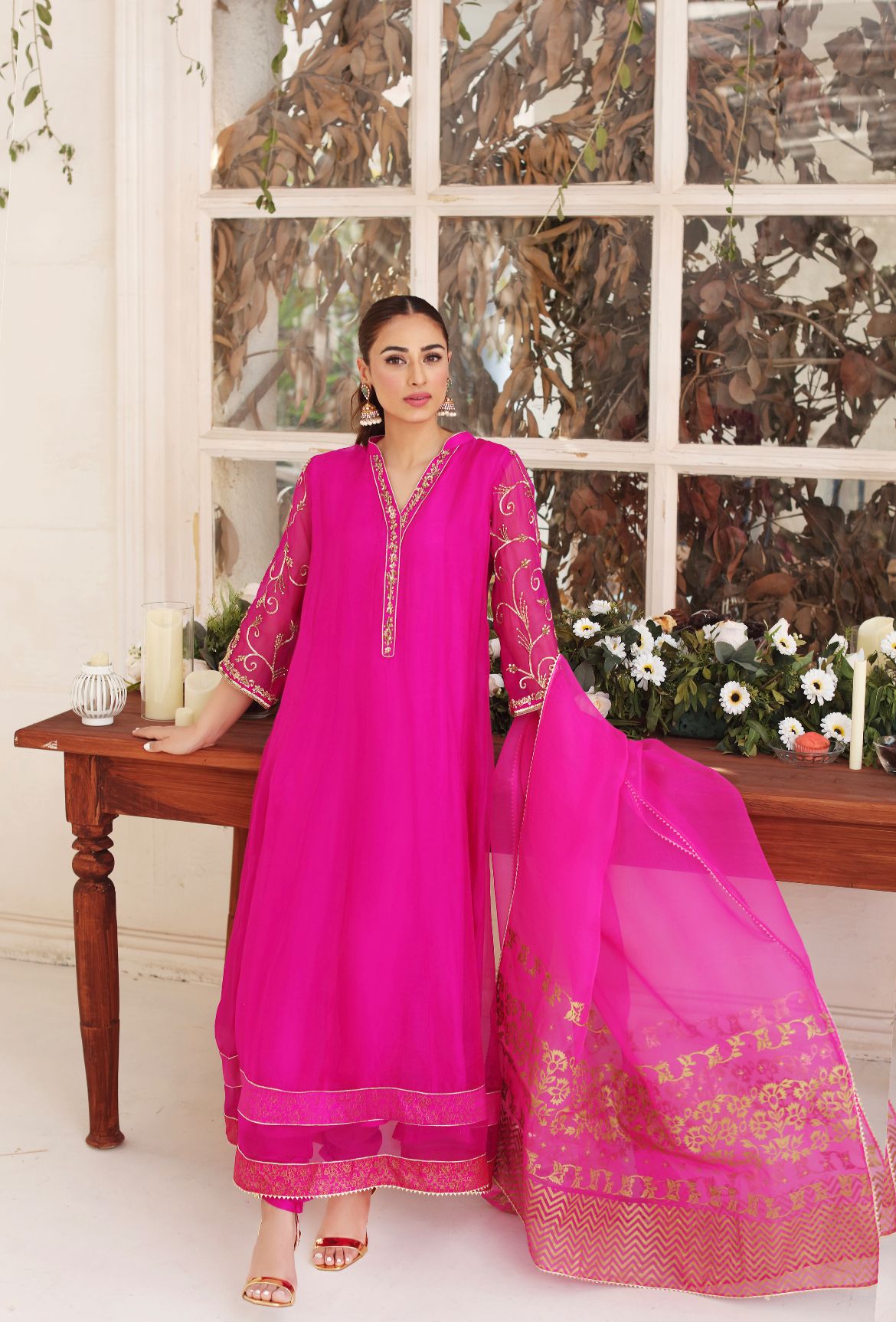 Fuchsia Embroidered Pure Organza Kalidaar (3-Piece) - Image 1