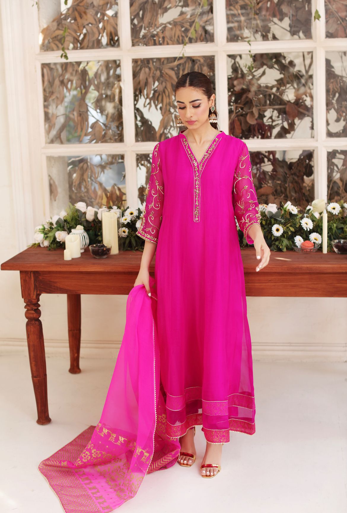 Fuchsia Embroidered Pure Organza Kalidaar (3-Piece) - Image 3