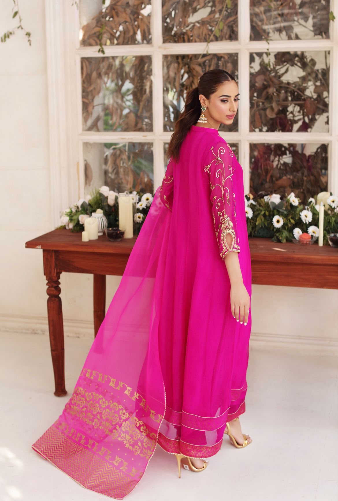 Fuchsia Embroidered Pure Organza Kalidaar (3-Piece) - Image 4
