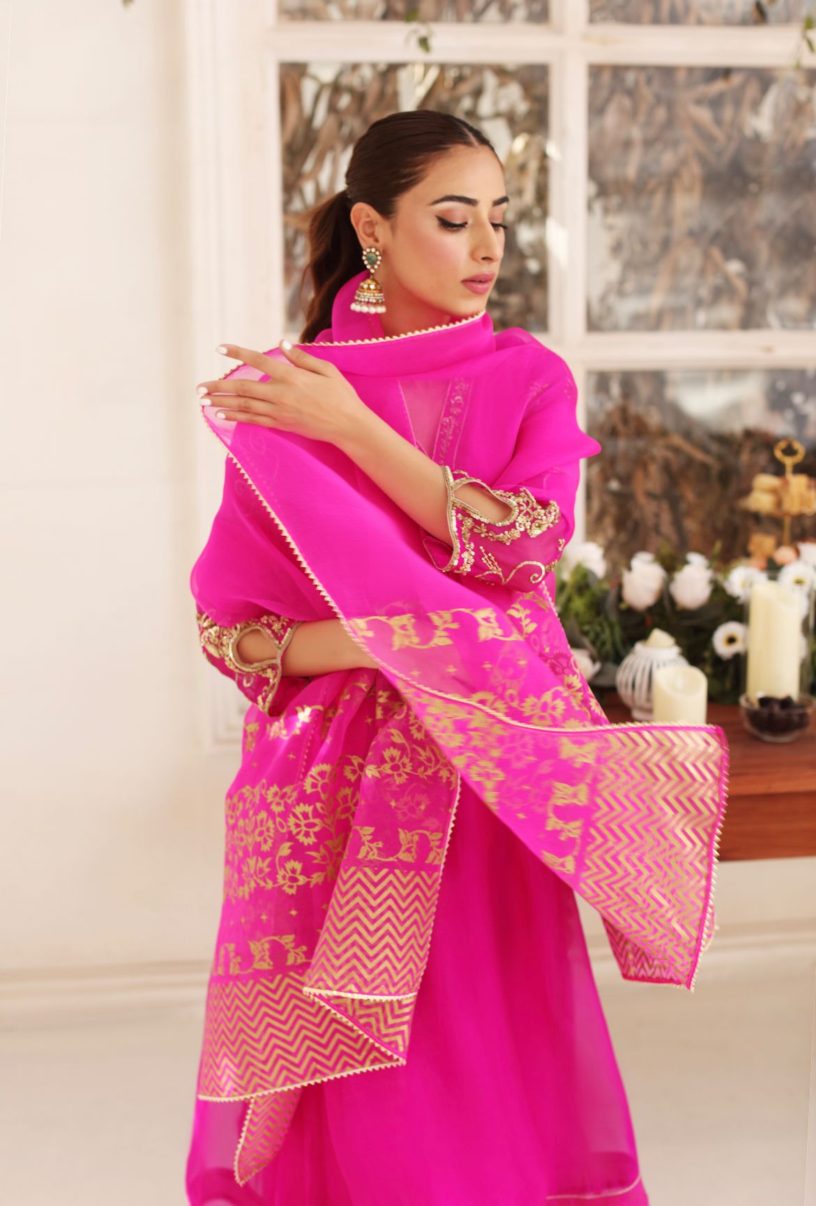 Fuchsia Embroidered Pure Organza Kalidaar (3-Piece) - Image 5