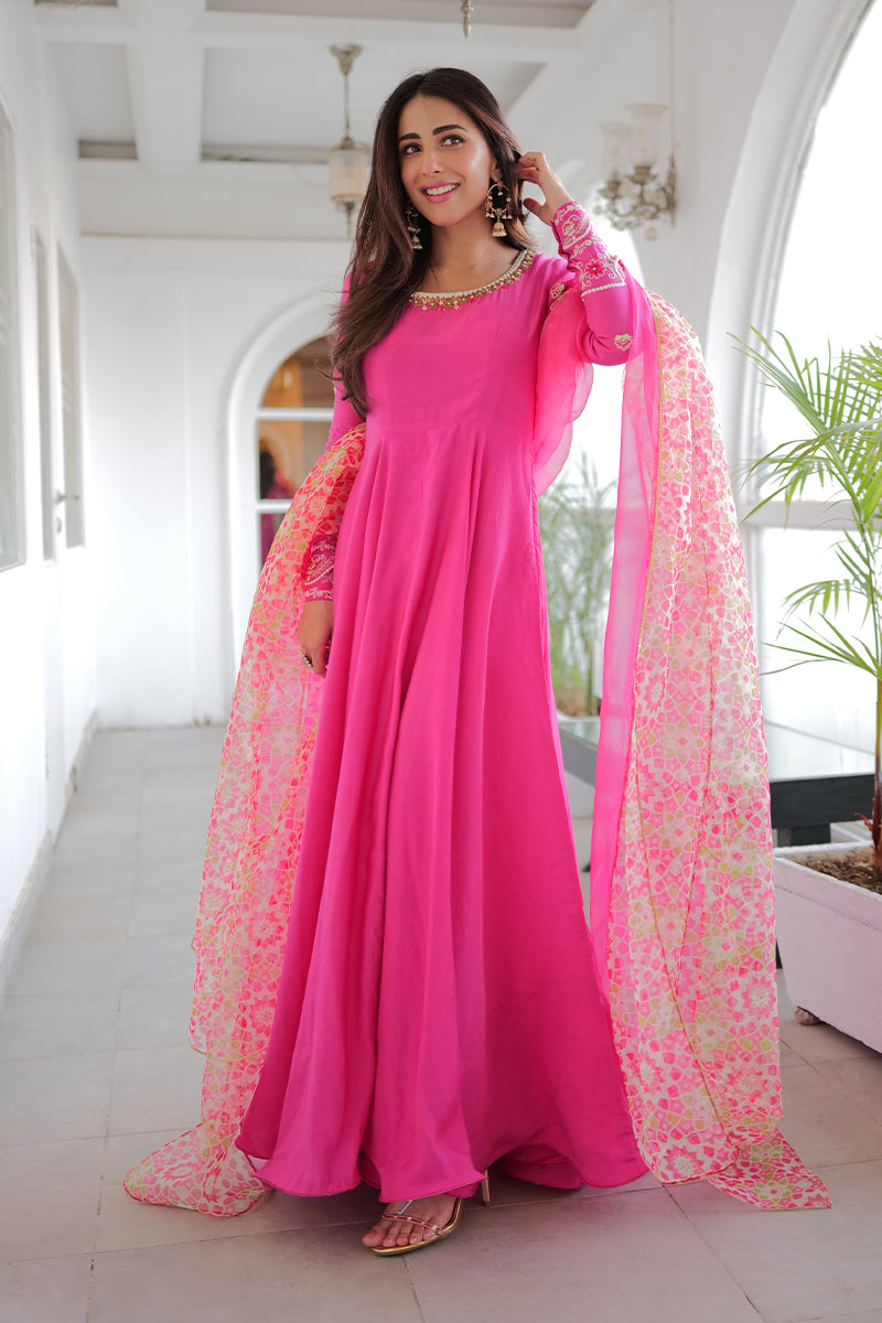 Hot Pink Embroidered Khaddi Silk Kalidar (3-Piece) - Image 1
