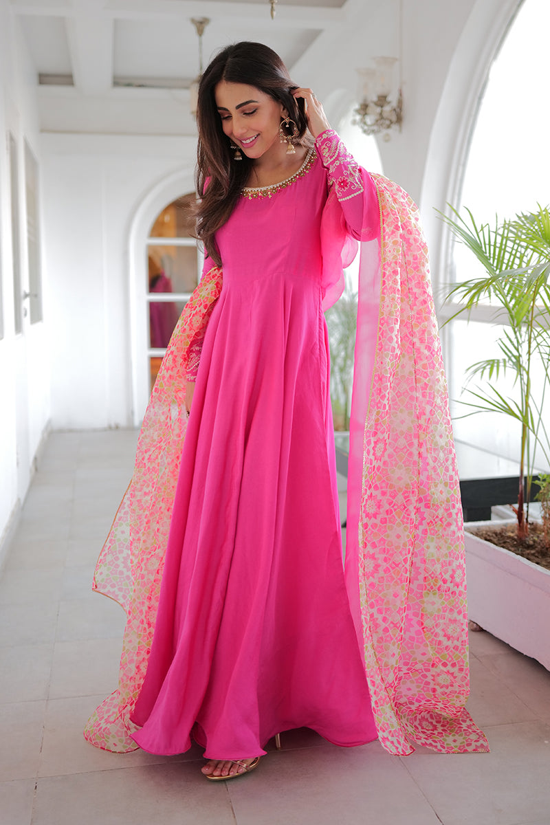 Hot Pink Embroidered Khaddi Silk Kalidar (3-Piece) - Image 10