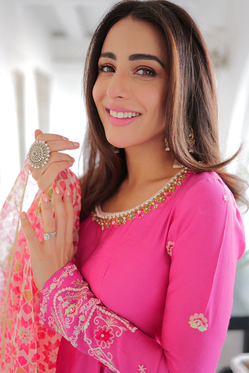 Hot Pink Embroidered Khaddi Silk Kalidar (3-Piece) - Image 11