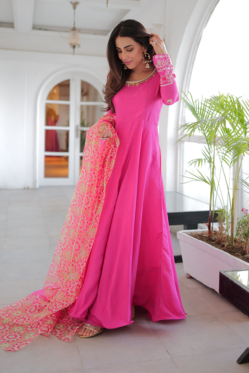 Hot Pink Embroidered Khaddi Silk Kalidar (3-Piece) - Image 12