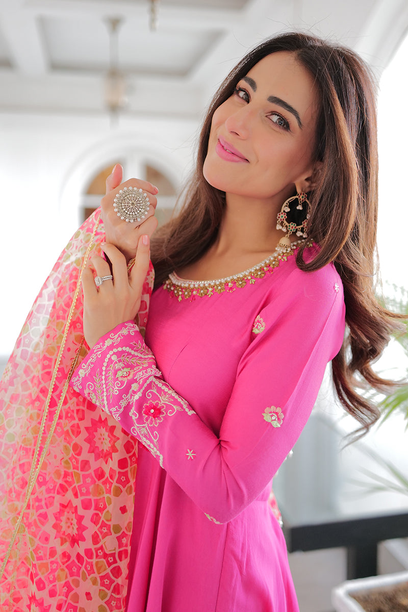 Hot Pink Embroidered Khaddi Silk Kalidar (3-Piece) - Image 13