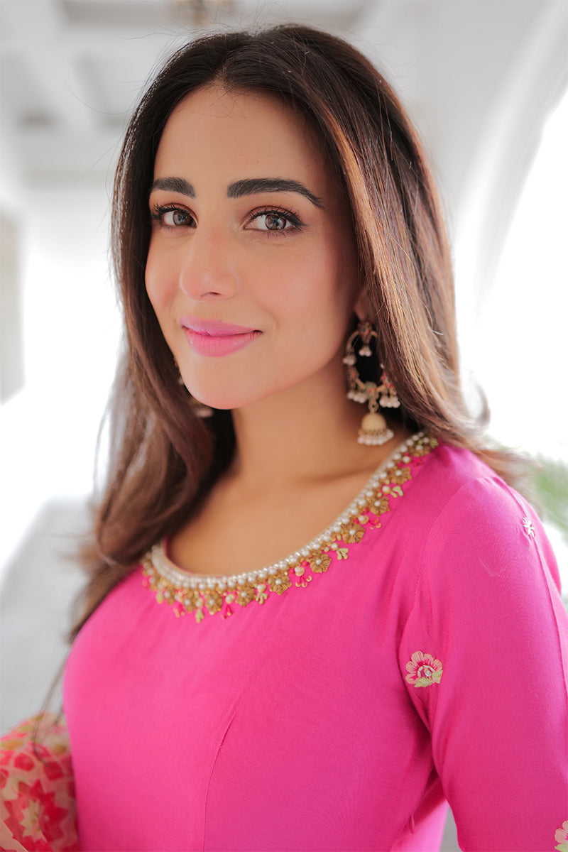 Hot Pink Embroidered Khaddi Silk Kalidar (3-Piece) - Image 14