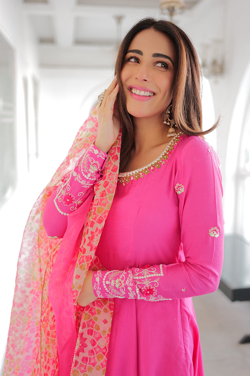 Hot Pink Embroidered Khaddi Silk Kalidar (3-Piece) - Image 16