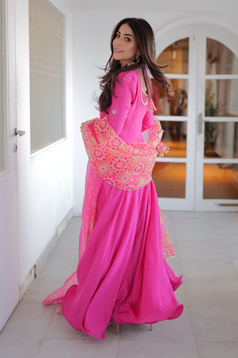 Hot Pink Embroidered Khaddi Silk Kalidar (3-Piece) - Image 18