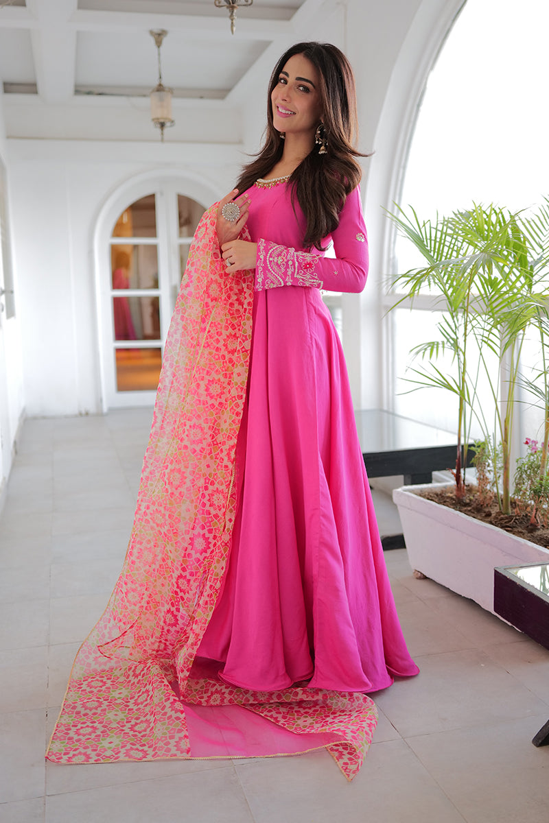 Hot Pink Embroidered Khaddi Silk Kalidar (3-Piece) - Image 2