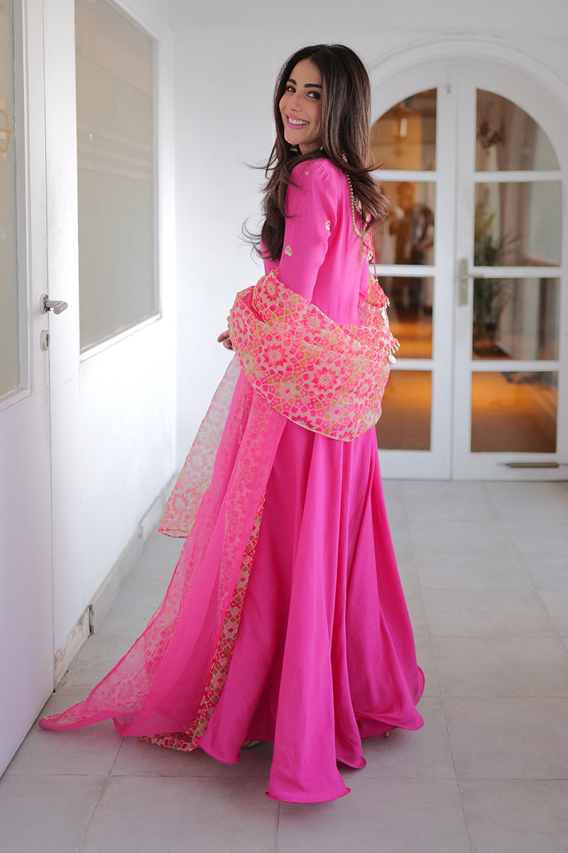 Hot Pink Embroidered Khaddi Silk Kalidar (3-Piece) - Image 20