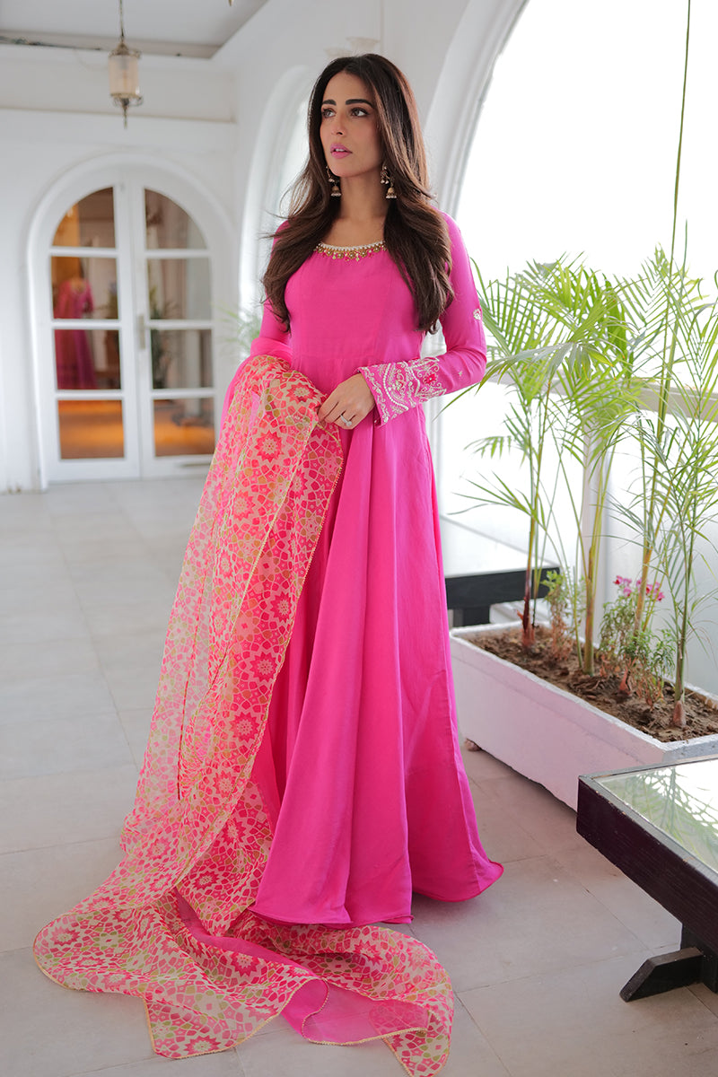 Hot Pink Embroidered Khaddi Silk Kalidar (3-Piece) - Image 3