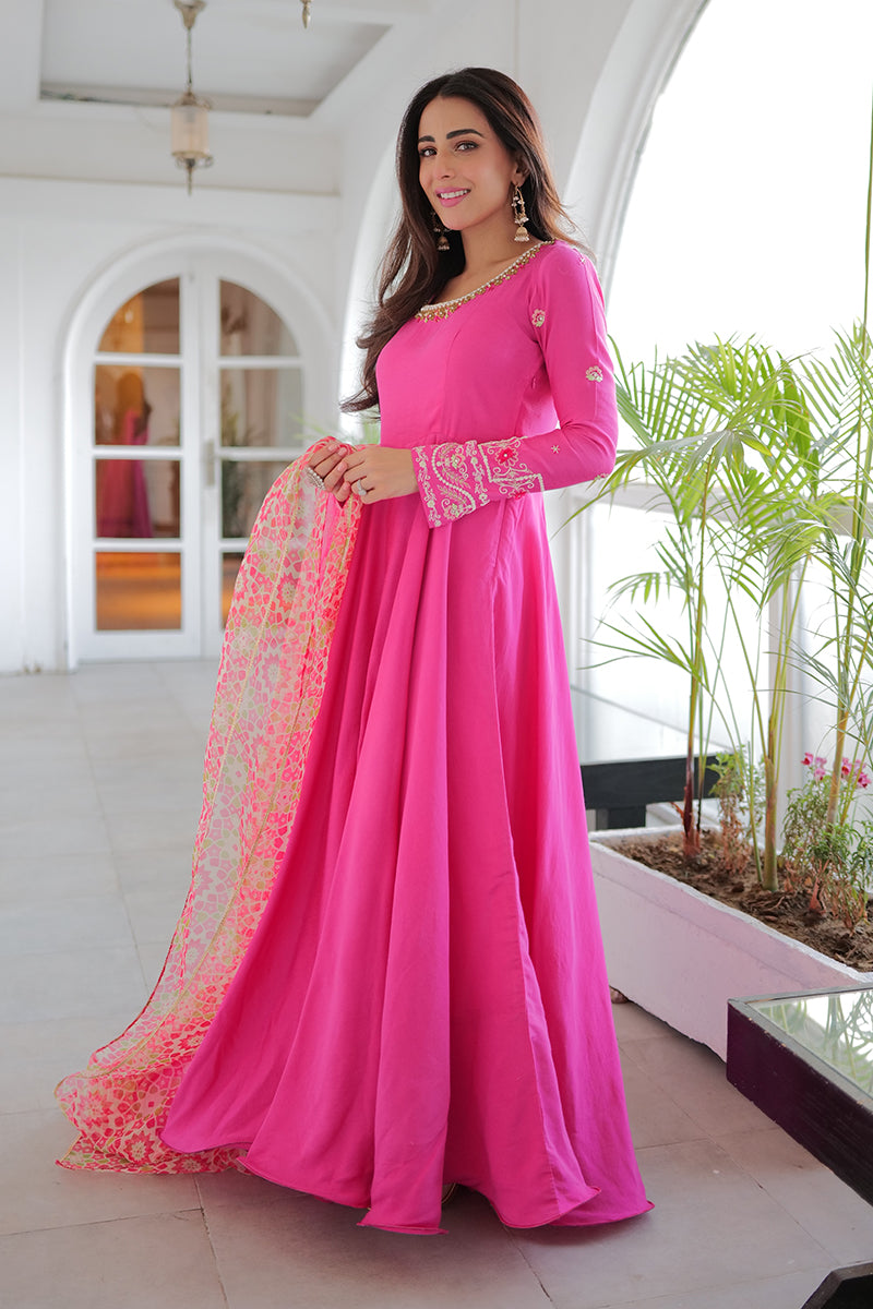 Hot Pink Embroidered Khaddi Silk Kalidar (3-Piece) - Image 4