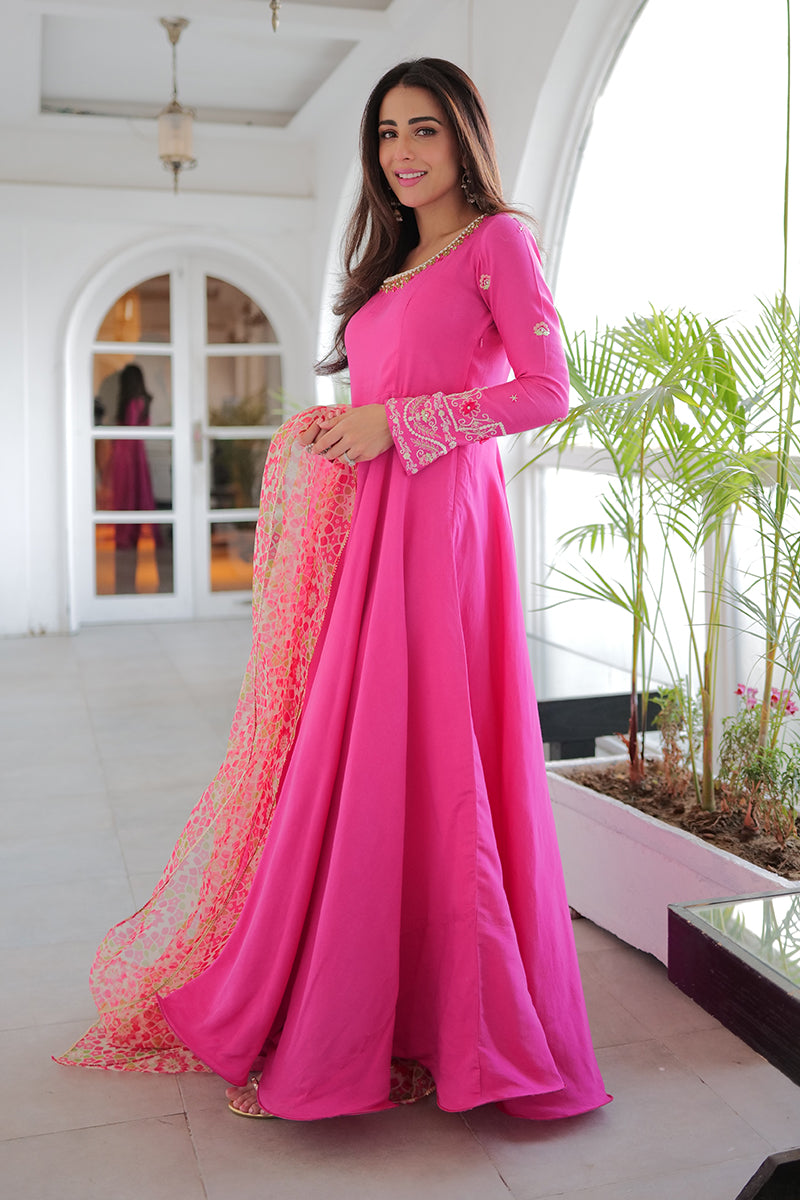 Hot Pink Embroidered Khaddi Silk Kalidar (3-Piece) - Image 5