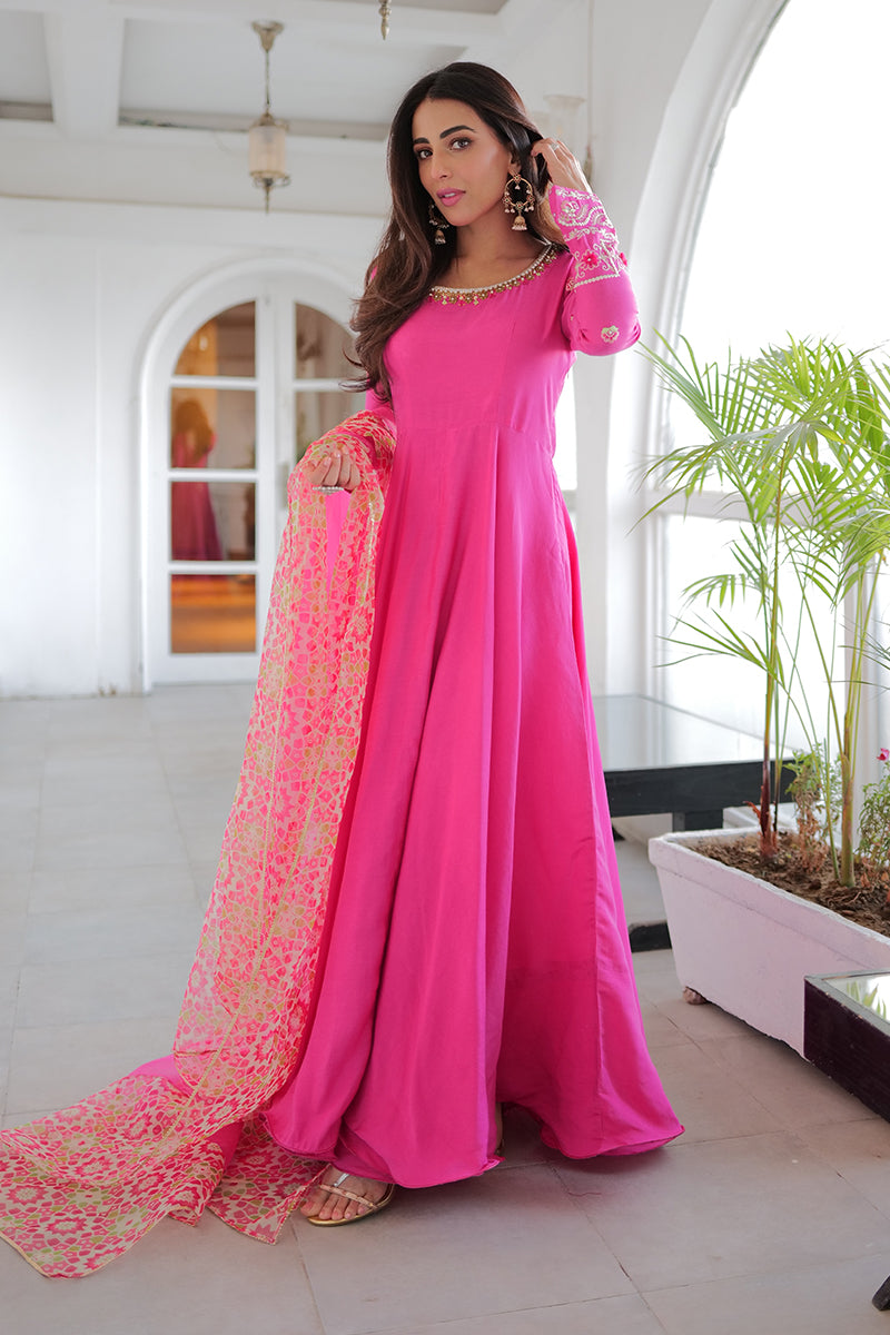 Hot Pink Embroidered Khaddi Silk Kalidar (3-Piece) - Image 6