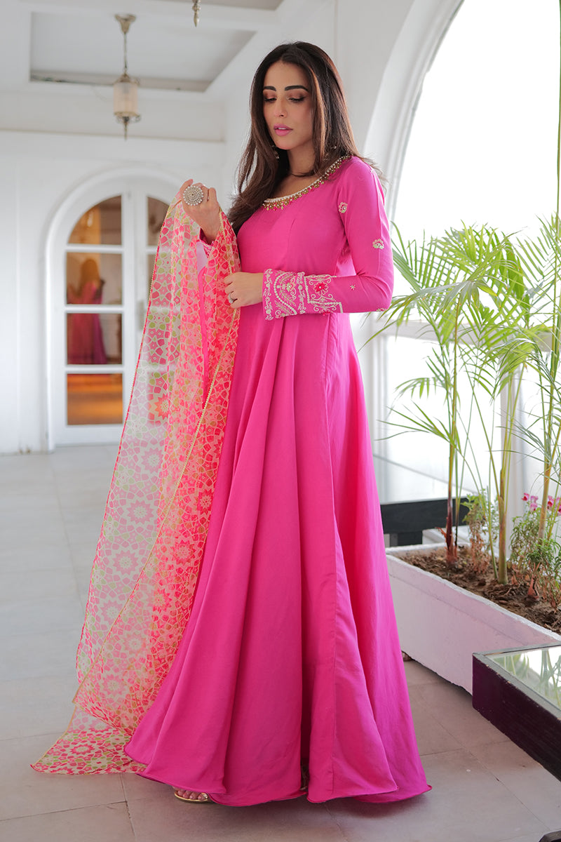 Hot Pink Embroidered Khaddi Silk Kalidar (3-Piece) - Image 7