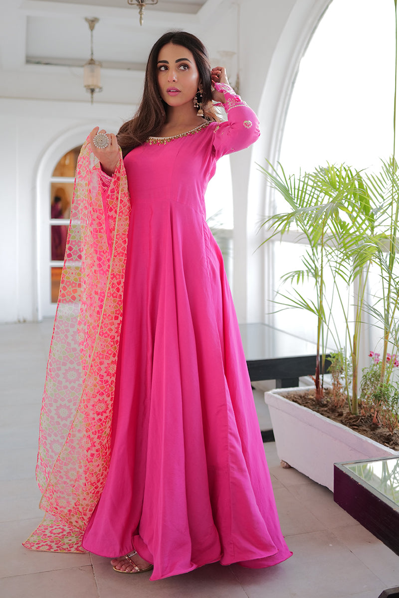 Hot Pink Embroidered Khaddi Silk Kalidar (3-Piece) - Image 8