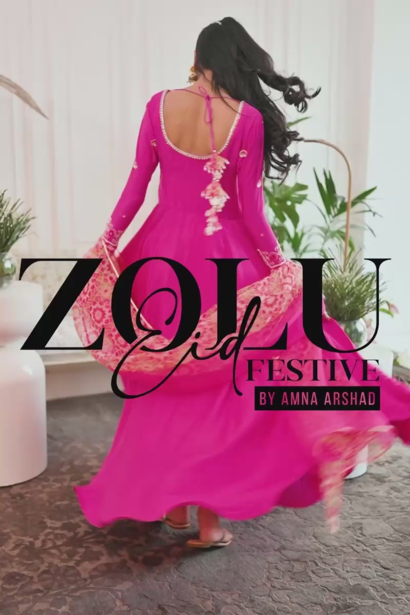 Hot Pink Embroidered Khaddi Silk Kalidar (2-Piece) - Image 10