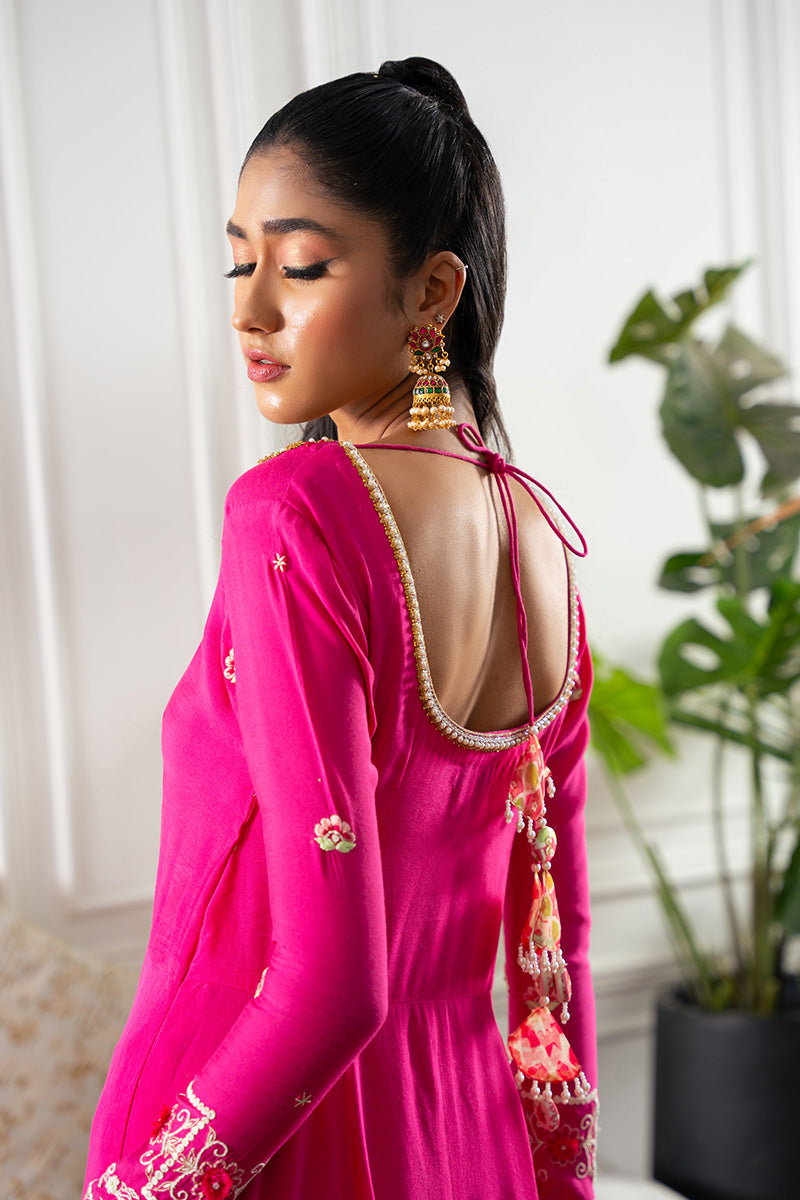 Hot Pink Embroidered Khaddi Silk Kalidar (2-Piece) - Image 3