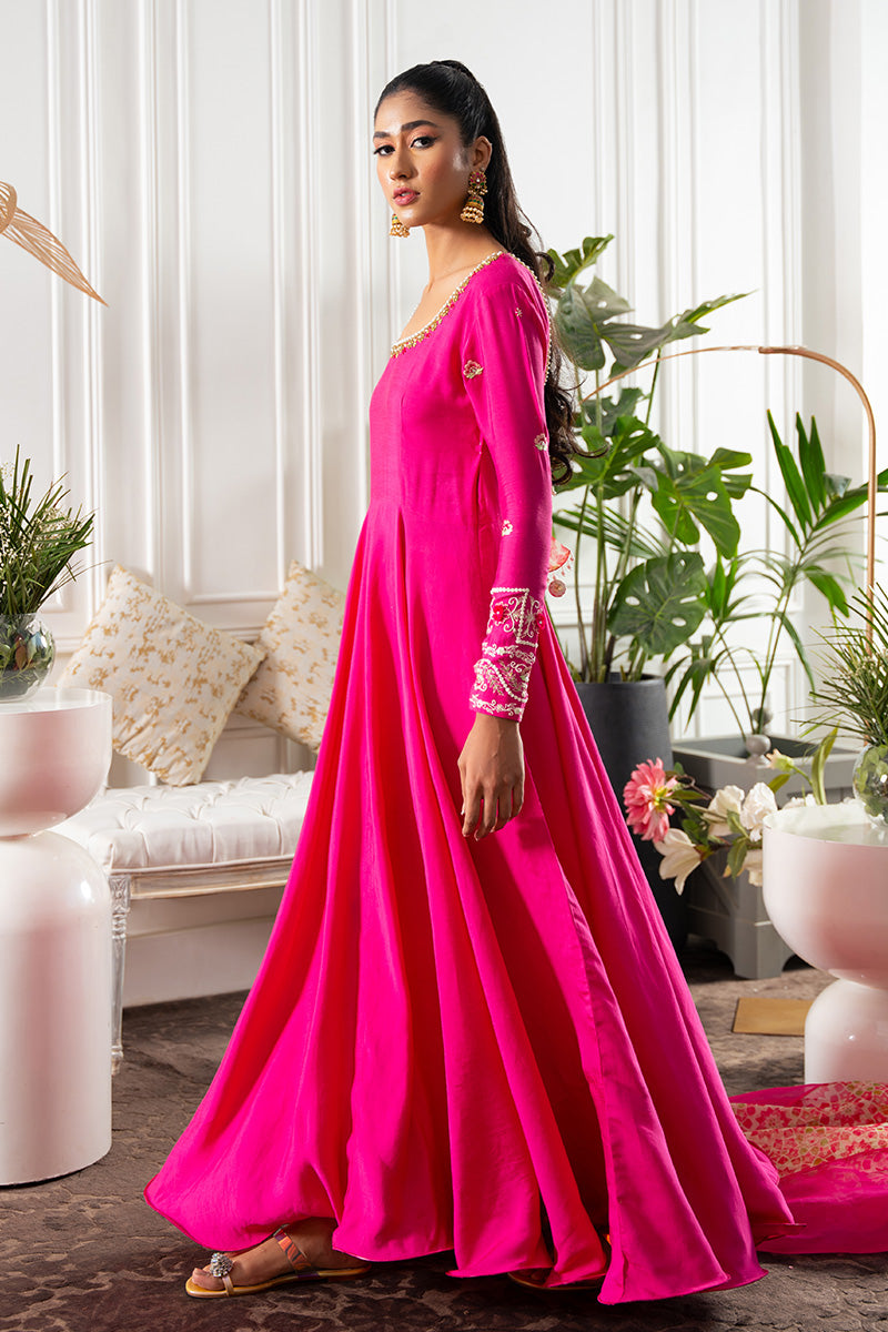 Hot Pink Embroidered Khaddi Silk Kalidar (2-Piece) - Image 4