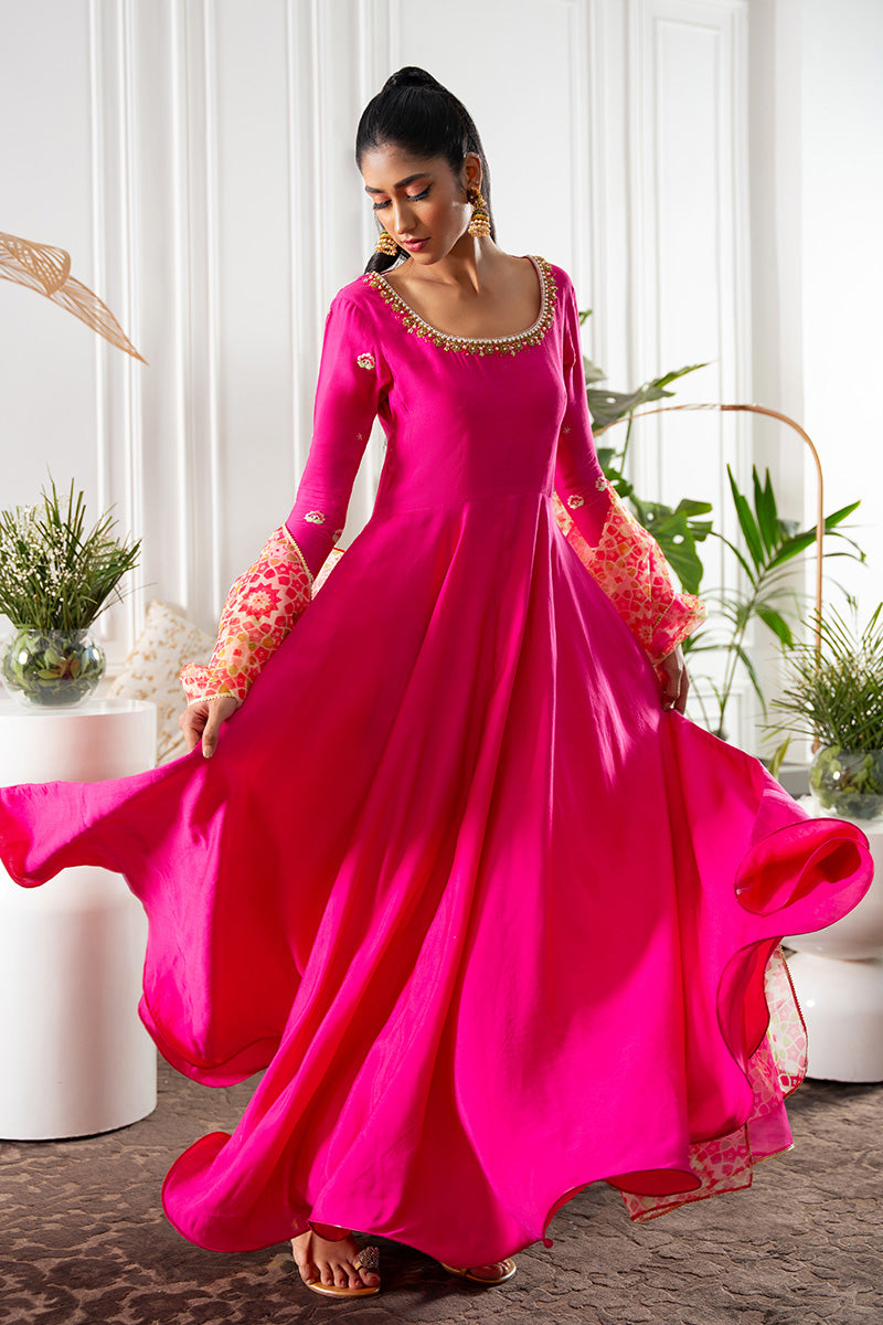Hot Pink Embroidered Khaddi Silk Kalidar (2-Piece) - Image 6