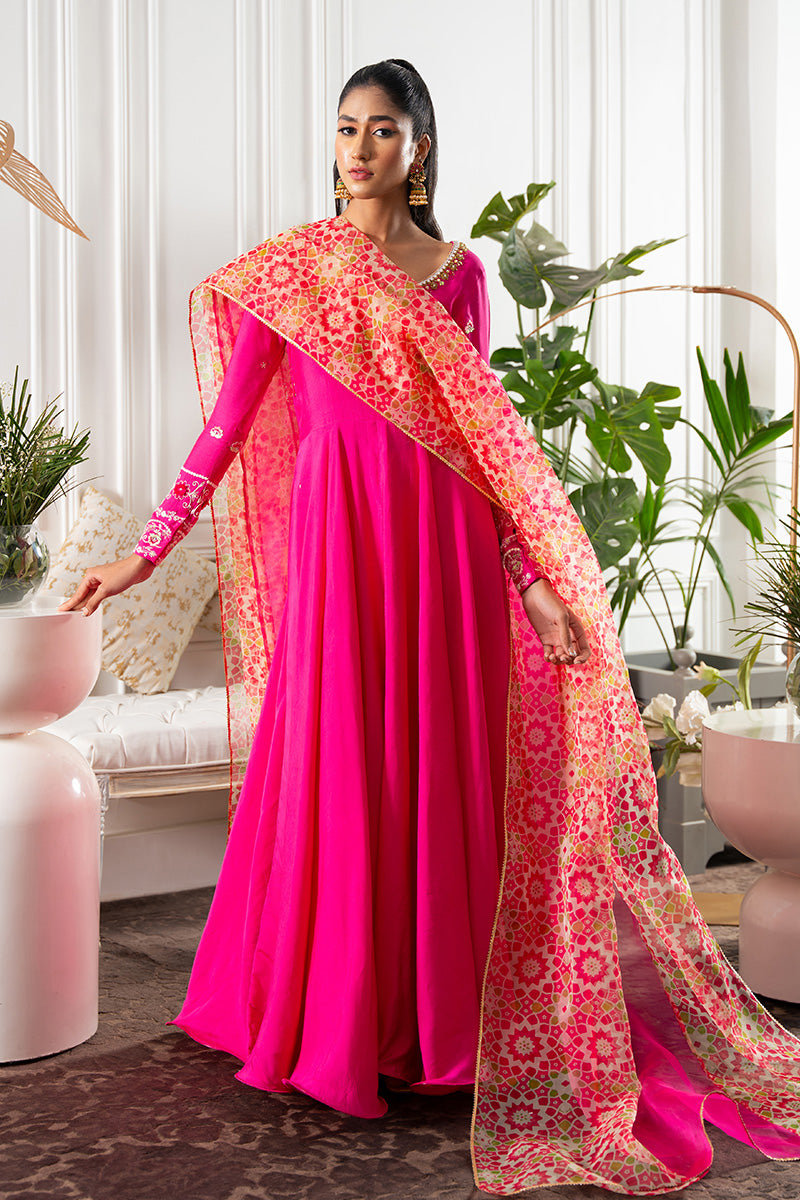 Hot Pink Embroidered Khaddi Silk Kalidar (2-Piece) - Image 7