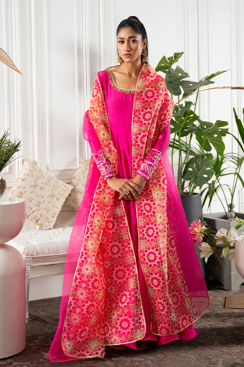 Pakistani Hot Pink Embroidered Khaddi Silk Kalidar (2-Piece) - Image 1