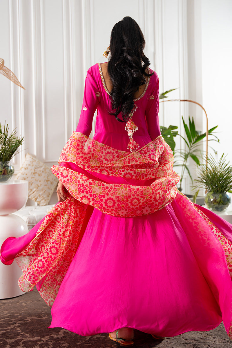 Pakistani Hot Pink Embroidered Khaddi Silk Kalidar (2-Piece) - Image 2