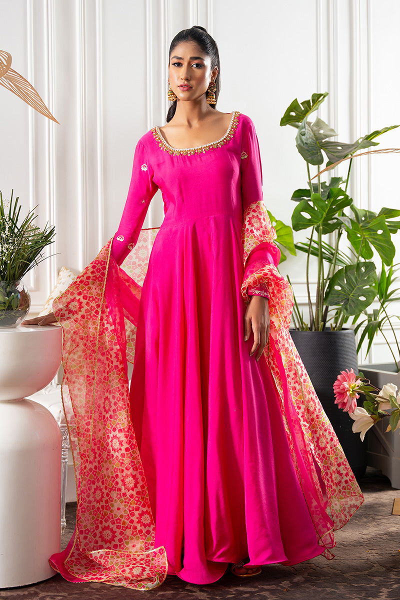 Pakistani Hot Pink Embroidered Khaddi Silk Kalidar (2-Piece) - Image 5