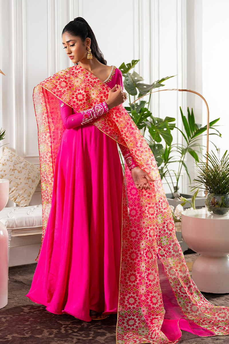 Pakistani Hot Pink Embroidered Khaddi Silk Kalidar (2-Piece) - Image 8