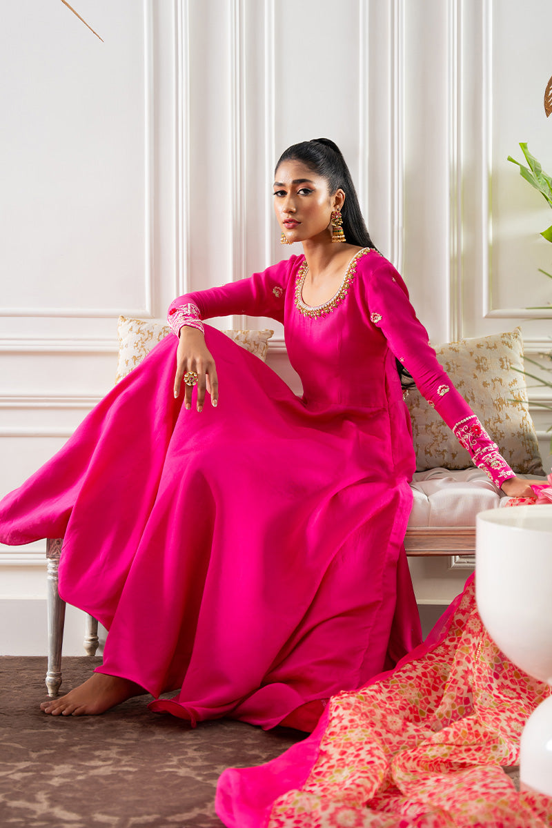 Pakistani Hot Pink Embroidered Khaddi Silk Kalidar (2-Piece) - Image 9